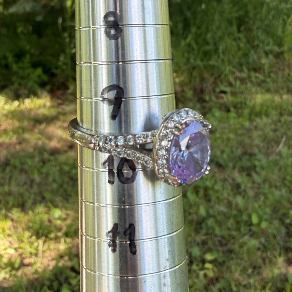 Oval Halo Statement Ring  9.5 Purple Silver Tone Split Shank Faux Amethyst